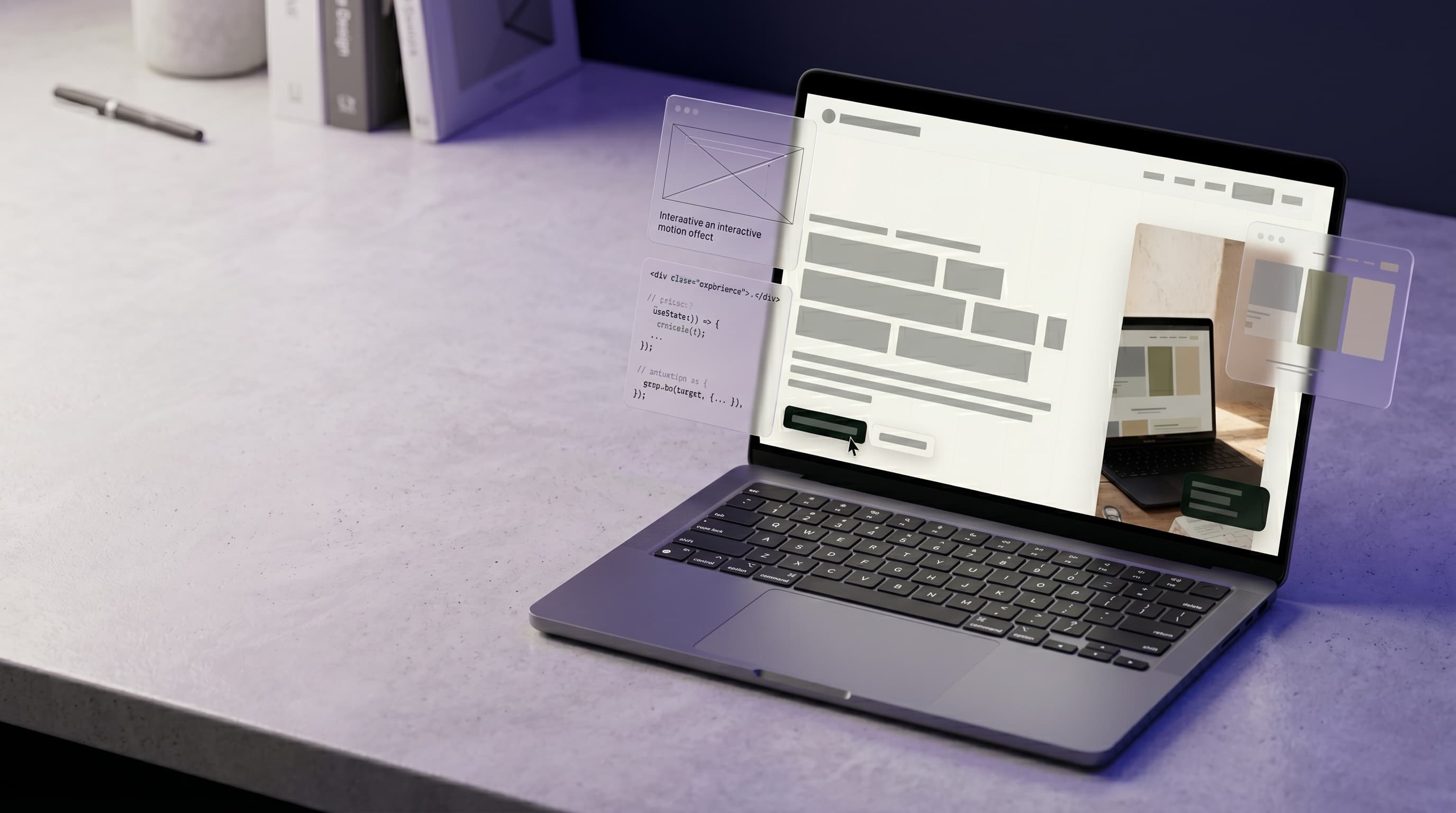 Premium frontend agency interface scene with floating website cards and a laptop.